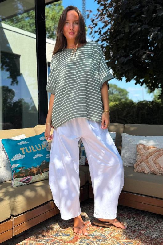 Below Deck Cheesecloth Stripe Tee Khaki